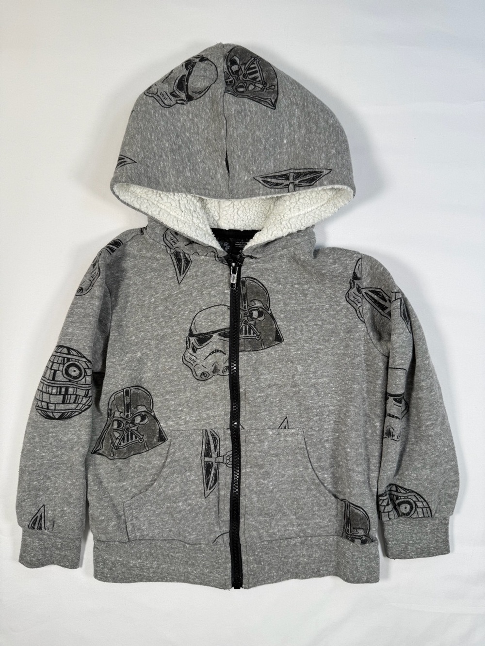 STAR WARS Boys Hoodie Jacket 4T Gray Graphic Sherpa Lined Cozy Streetwear